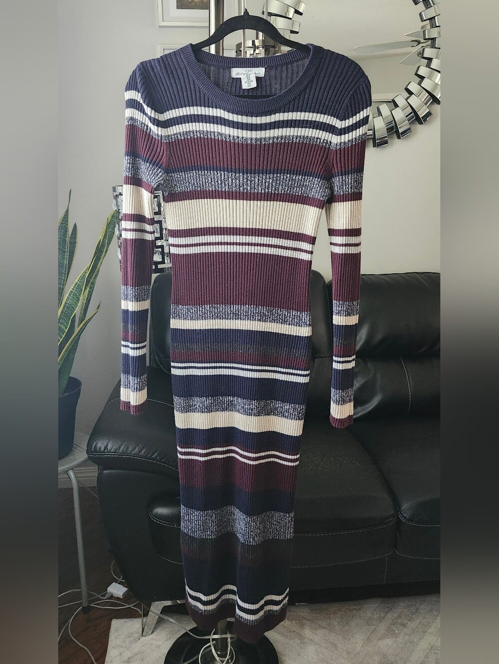 L.O.G.G. Striped Ribbed Long Sleeve Dress — Navy, Burgundy & Cream